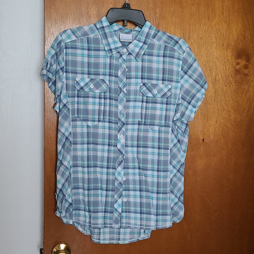 Columbia Blue Plaid SS Collared Button Front 100% Cotton Hiking Shirt WN XL